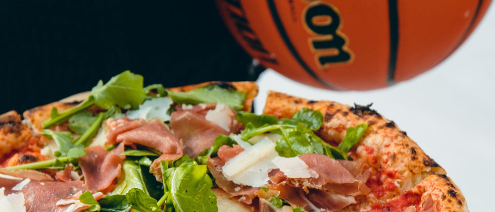 Margherita al Crudo pizza with basketball for March Madness