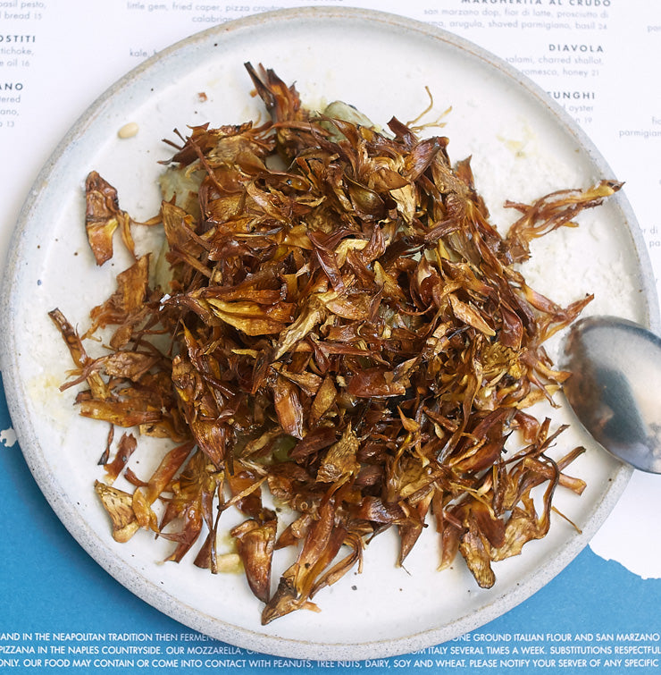 Carciofi Arrostiti (charred artichoke heart) with crispy baby artichoke