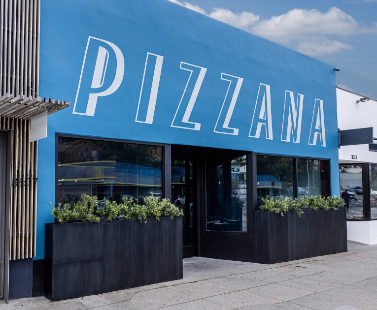 Facade of Pizzana Silver Lake with bright blue paint