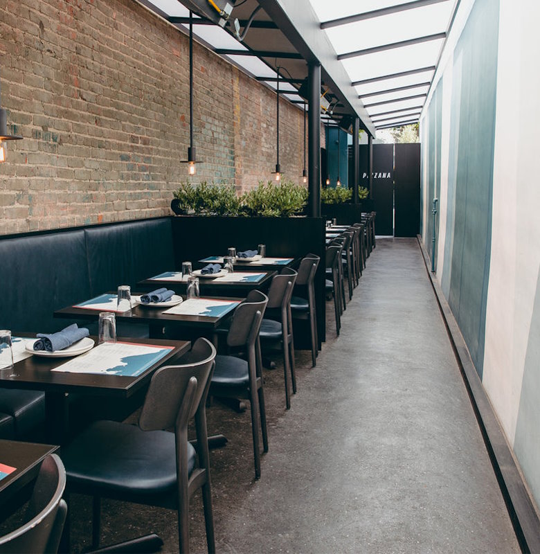 Pizzana West Hollywood’s covered outdoor patio with an elegant al fresco ambiance