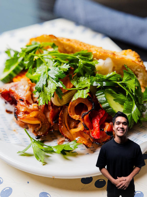 Calabrian Banh Mi by Owen Han with porchetta on parmigiano crusted focaccia.