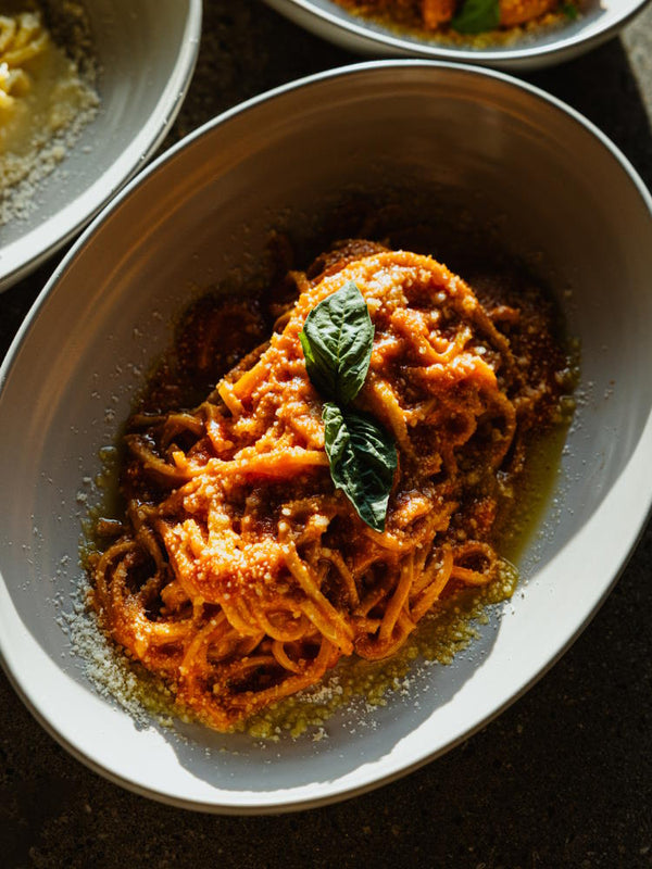 Spaghetti al Pomodoro pasta with san marzano, parmigiano and basil