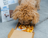 Dog eating pizza out of a box.