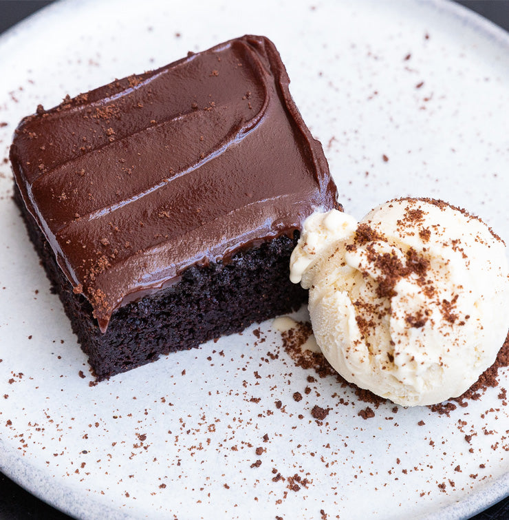 Torta al Cioccolato (dark chocolate olive oil cake) with vanilla ice cream