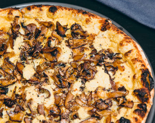 Funghi pizza with seasonal mushroom, fontina and onion